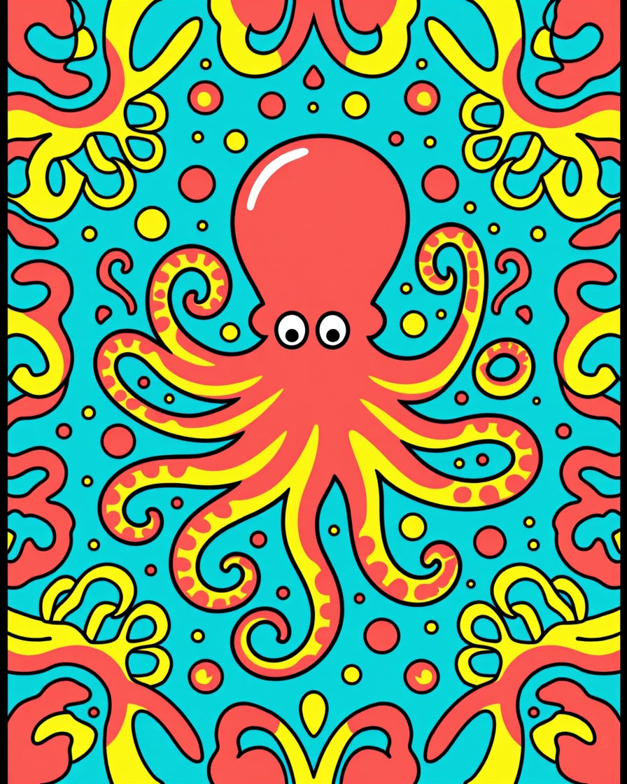 Coral Octopus With Yellow Tentacle Swirls Rug