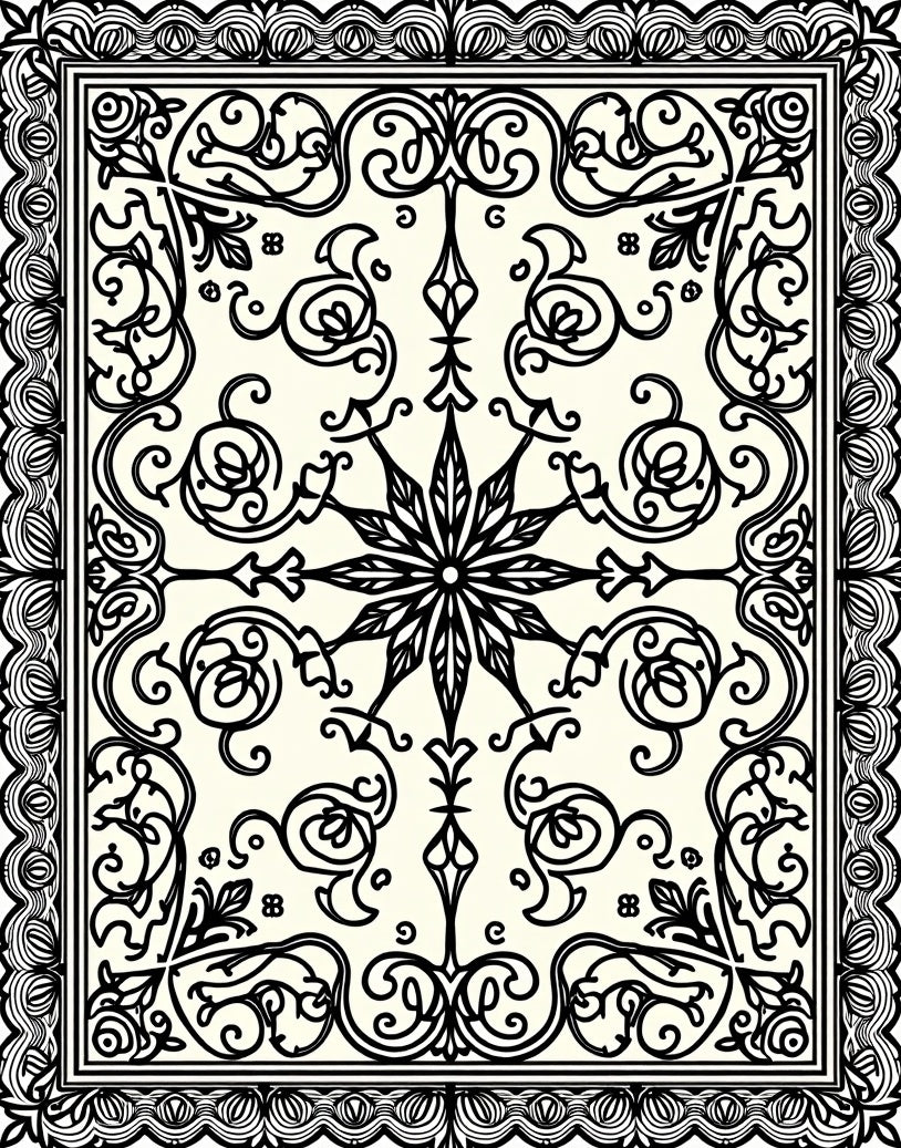 Cream Black Scrollwork Elaborate Star Rug