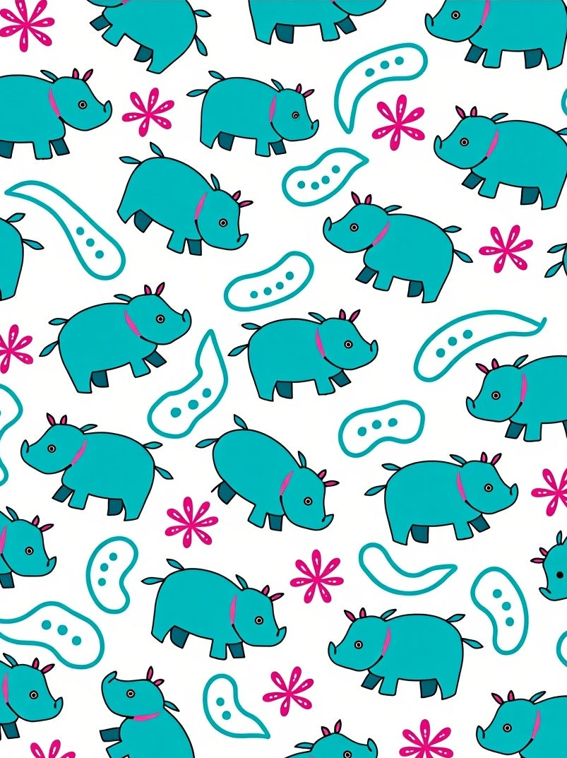 Turquoise Hippo And Pink Floral Rug