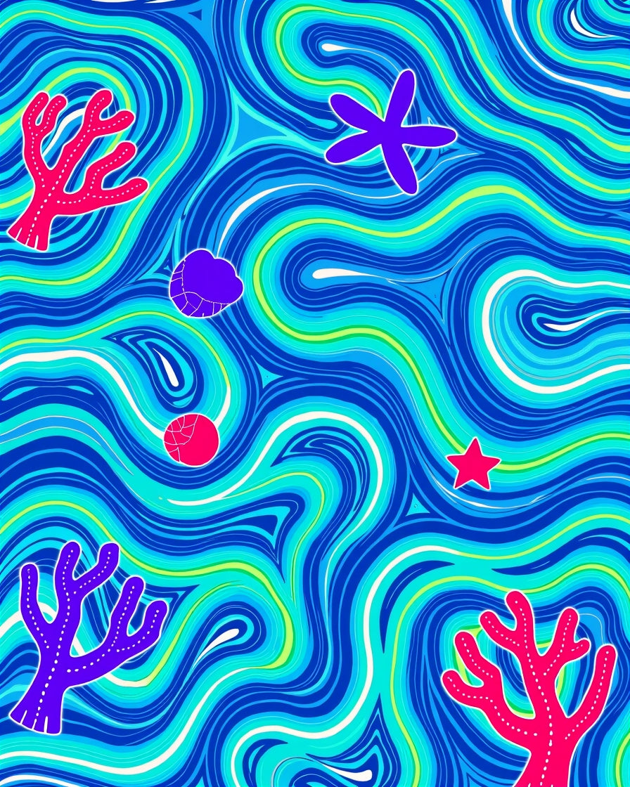 Oceanic Blue Swirls Coral Starfish Rug