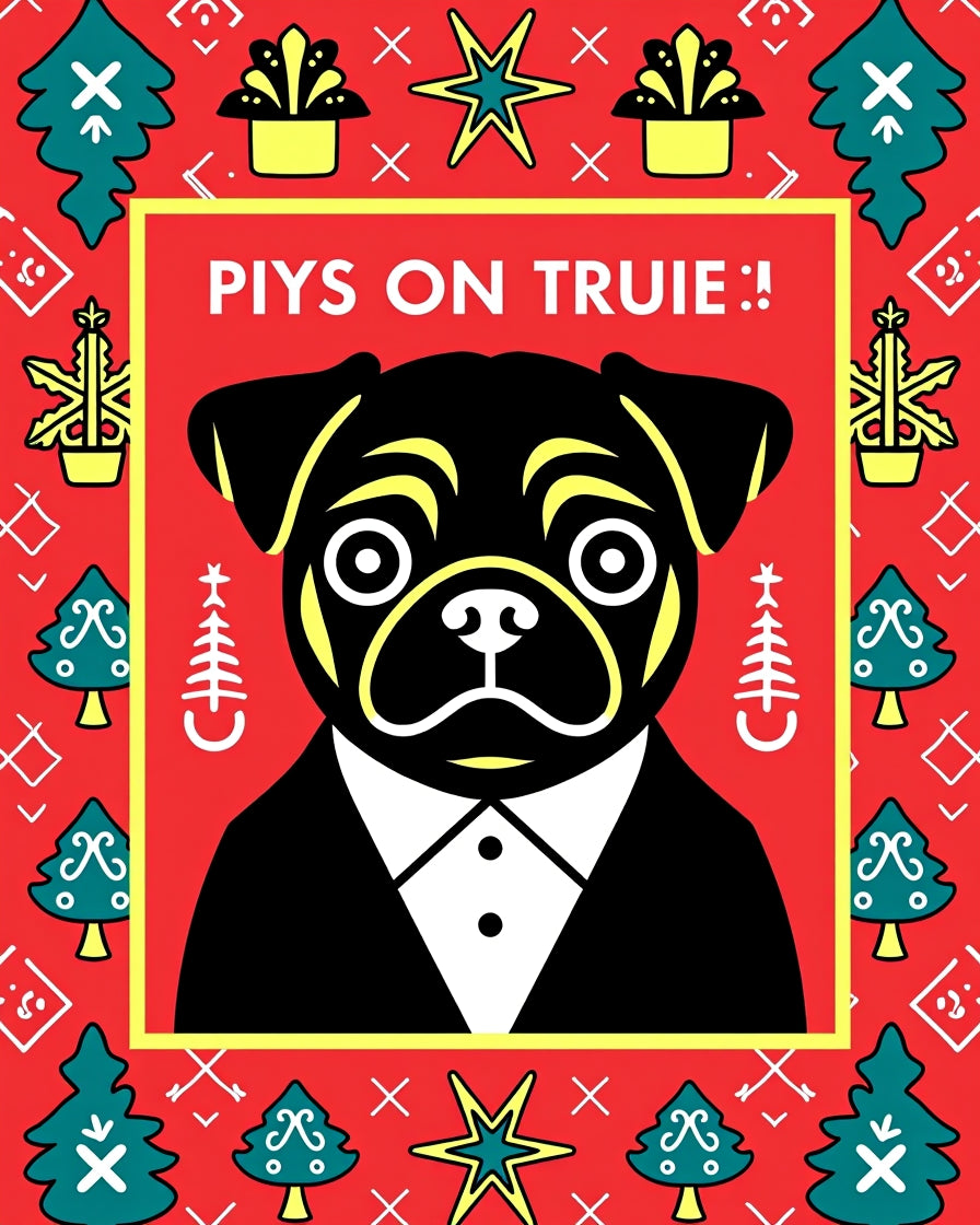 Festive Red Pug Tuxedo Holiday Trees Rug