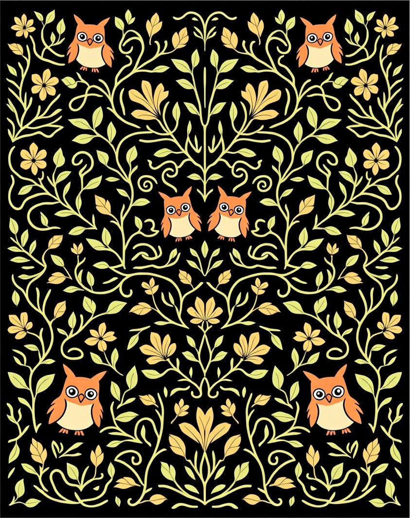 Whimsical Orange Owl Floral Swirls Rug