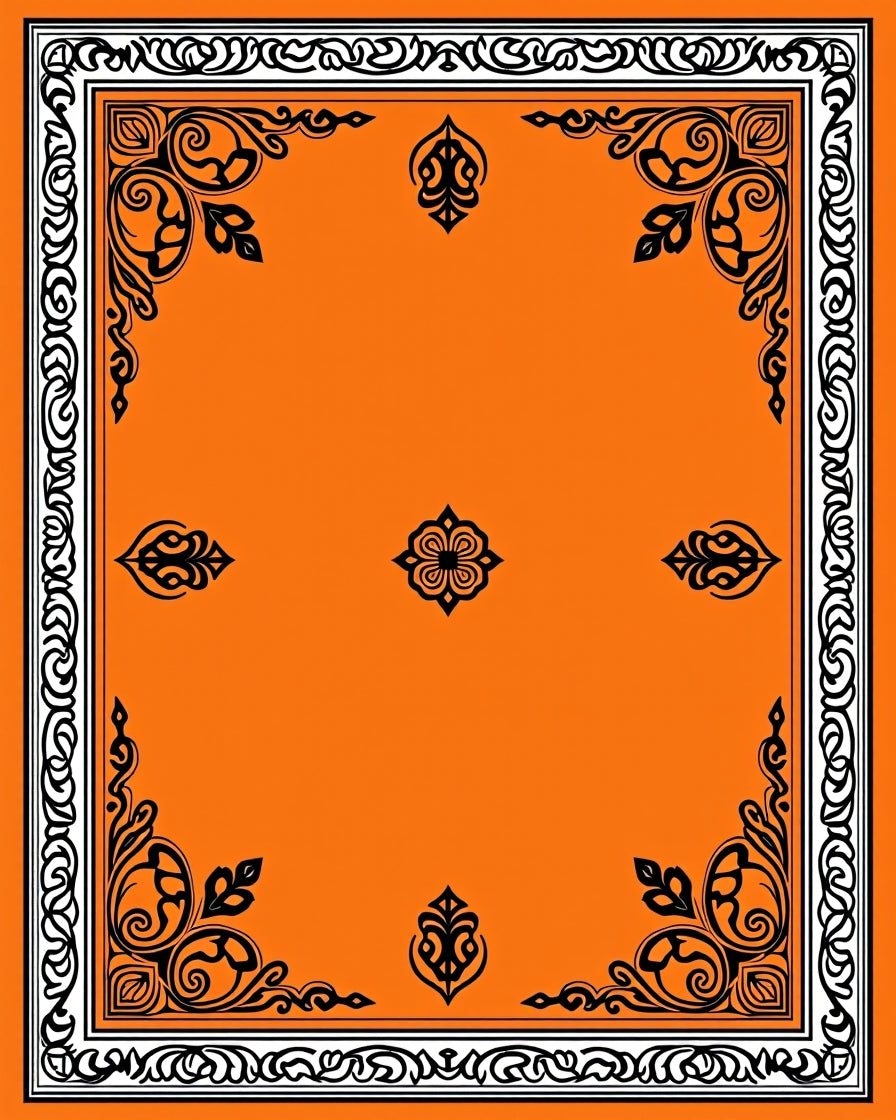 Vibrant Orange Black Scrollwork Border Rug