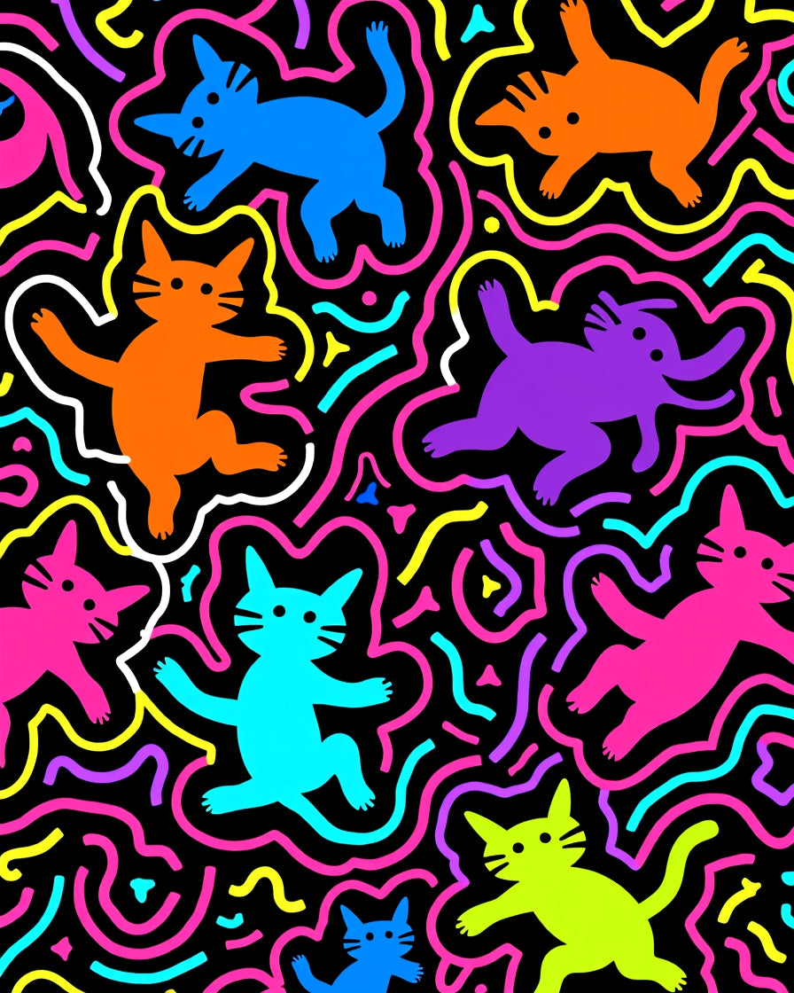Vibrant Neon Cat Playful Doodle Rug
