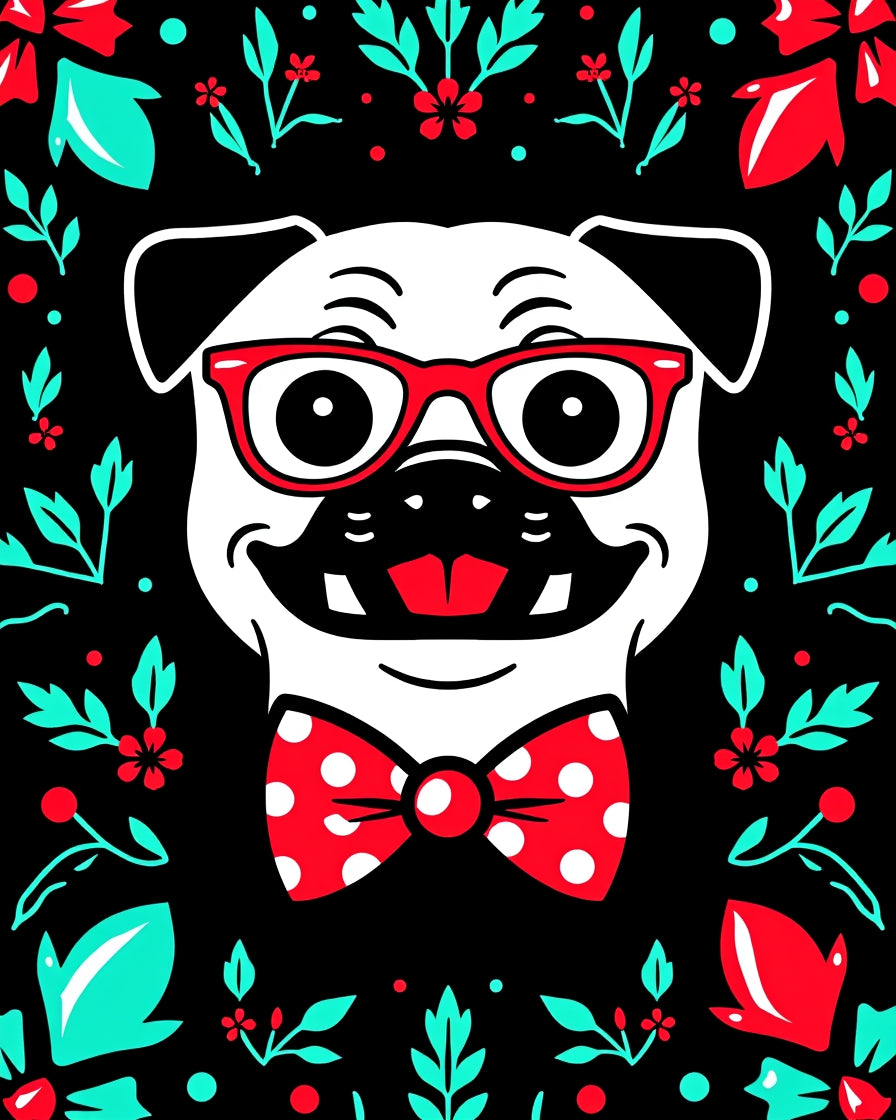 Whimsical Pug With Red Glasses Bowtie Rug