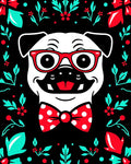 Whimsical Pug With Red Glasses Bowtie Rug