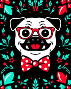 Whimsical Pug With Red Glasses Bowtie Rug