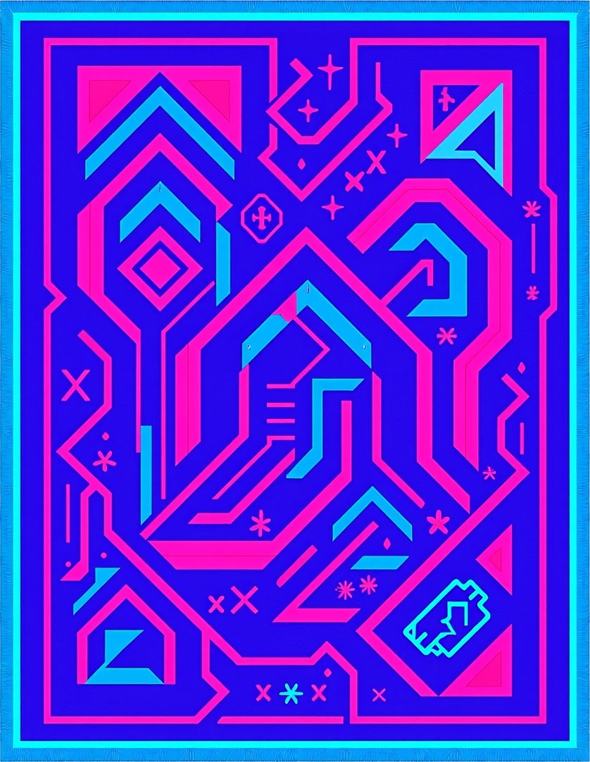Vibrant Blue Pink Geometric Circuit Rug