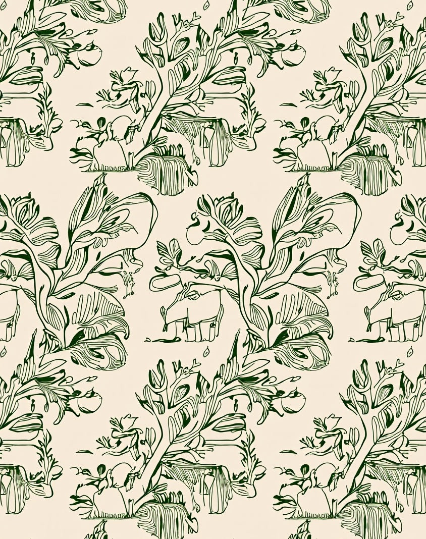 Whimsical Green Elephant Jungle Sketch Rug