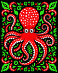 Red Octopus Green Swirls Black Background Rug