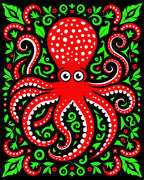 Red Octopus Green Swirls Black Background Rug