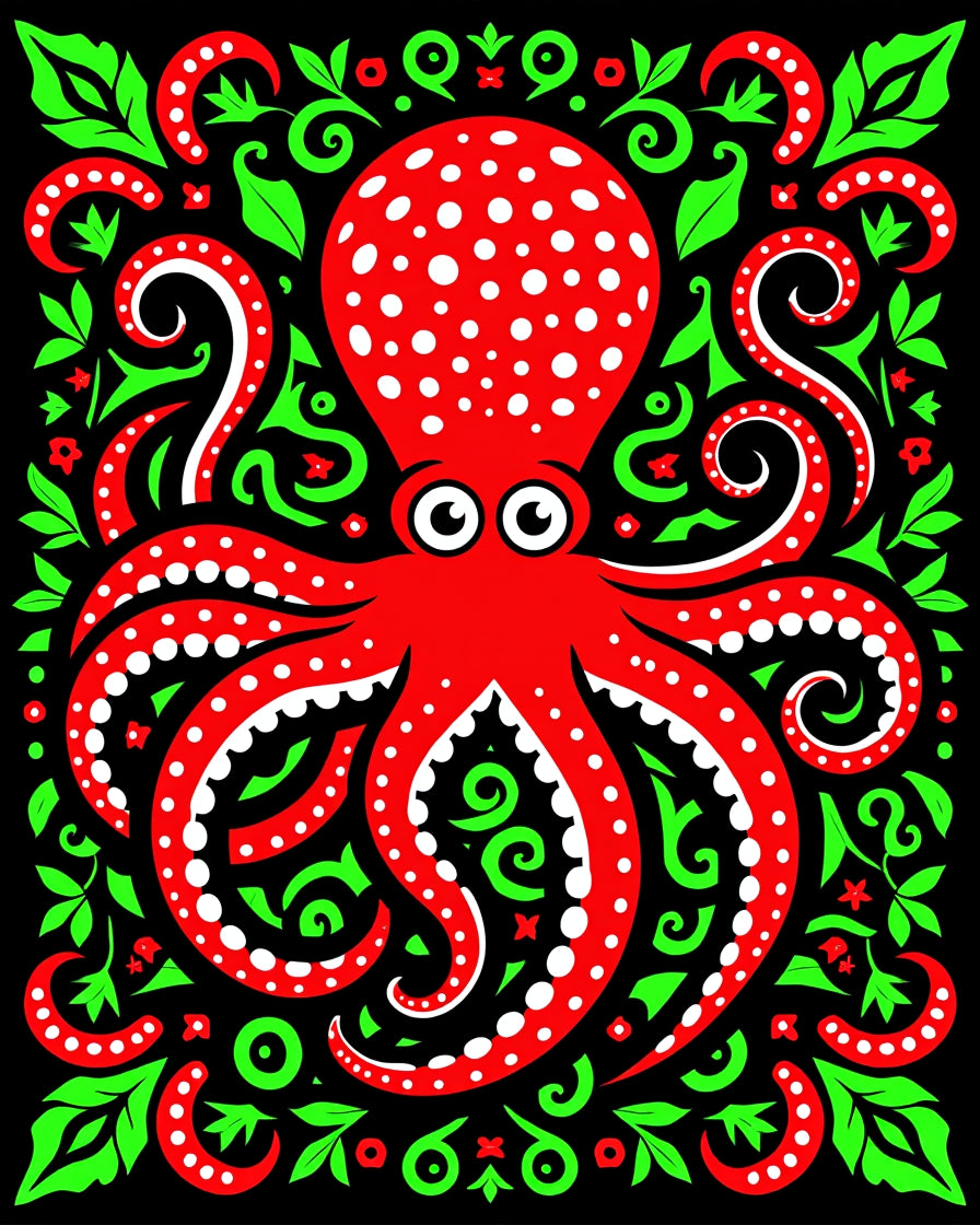 Red Octopus Green Swirls Black Background Rug