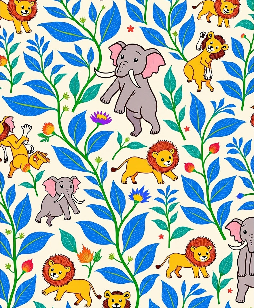 Whimsical Jungle Animals Blue Foliage Rug
