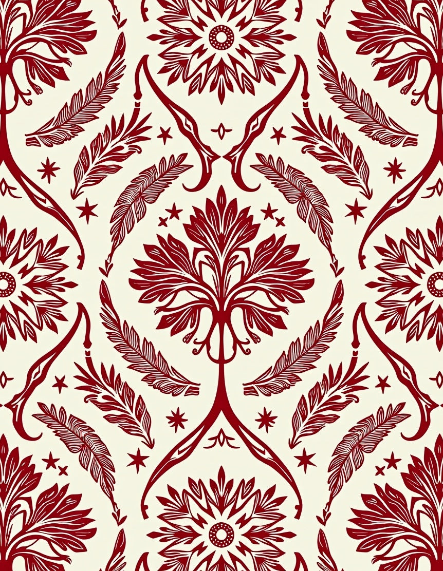 Crimson Floral Feather Mandala Rug