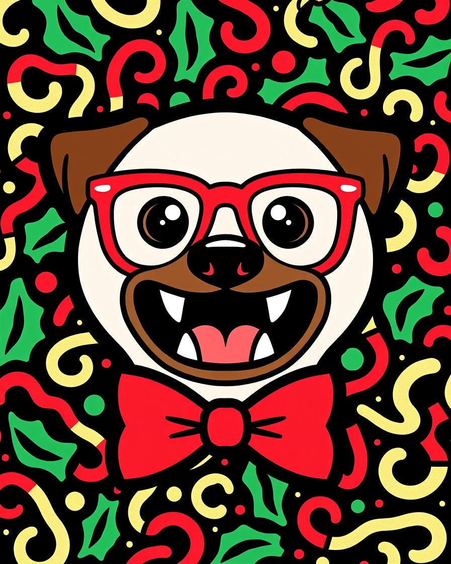 Festive Pug Red Glasses Bow Tie Holly Rug