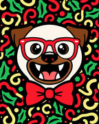 Festive Pug Red Glasses Bow Tie Holly Rug