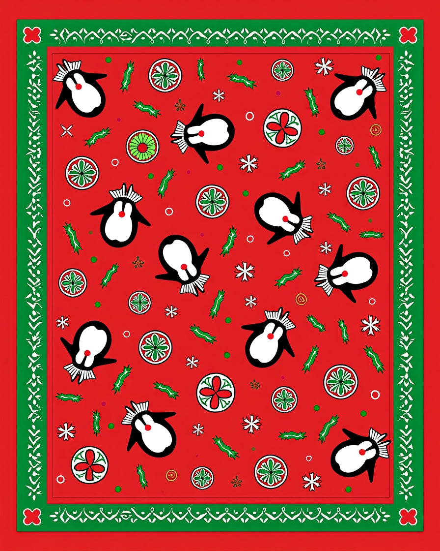Whimsical Penguin Red Green Border Rug