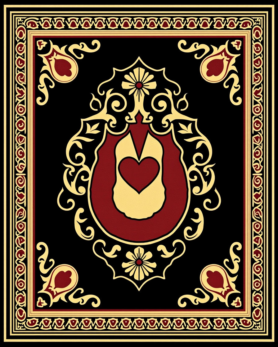 Scarlet Gold Heart Medallion Black Rug