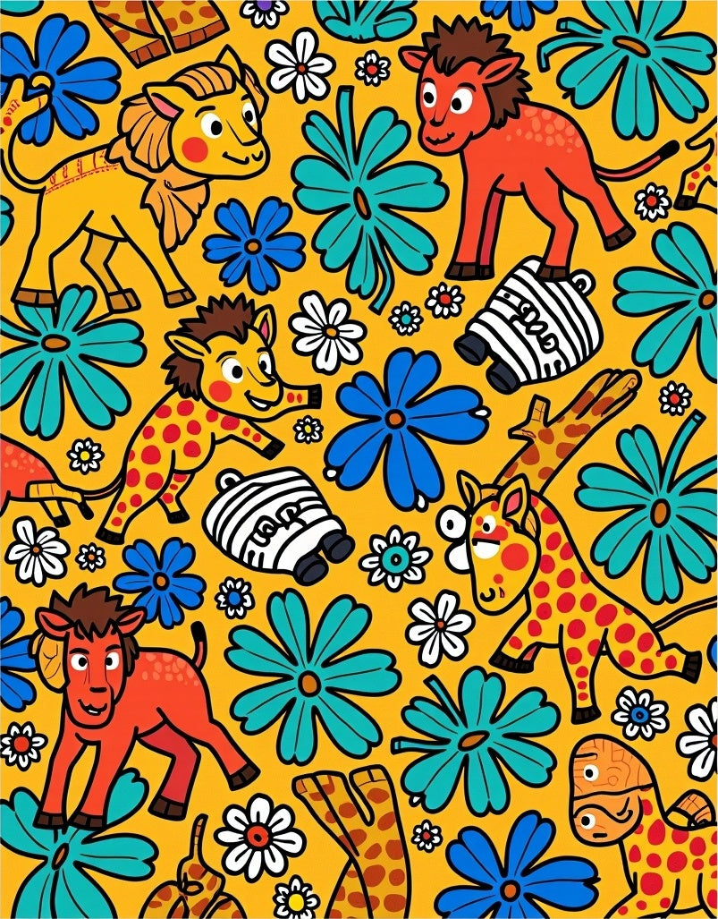 Yellow Safari Animals And Flowers Rug