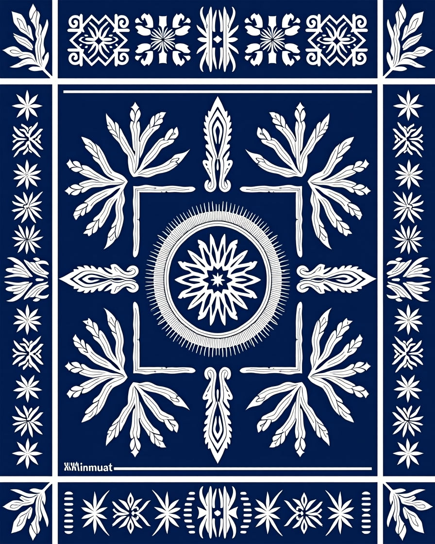 Navy Blue Floral Sunburst Geometric Rug