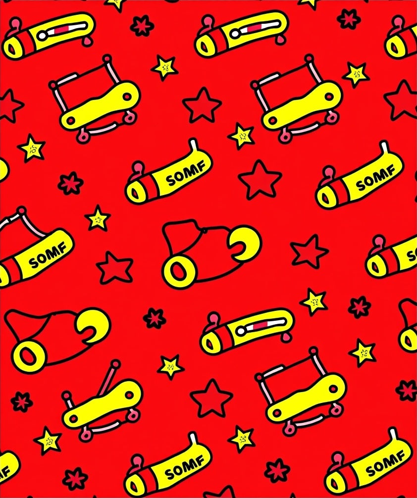 Whimsical Red Yellow Toy Collage Rug