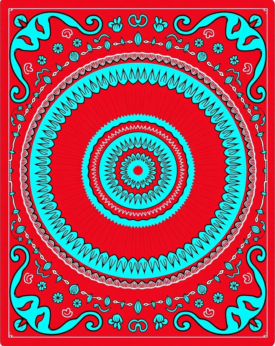Crimson Red Turquoise Medallion Mandala Rug