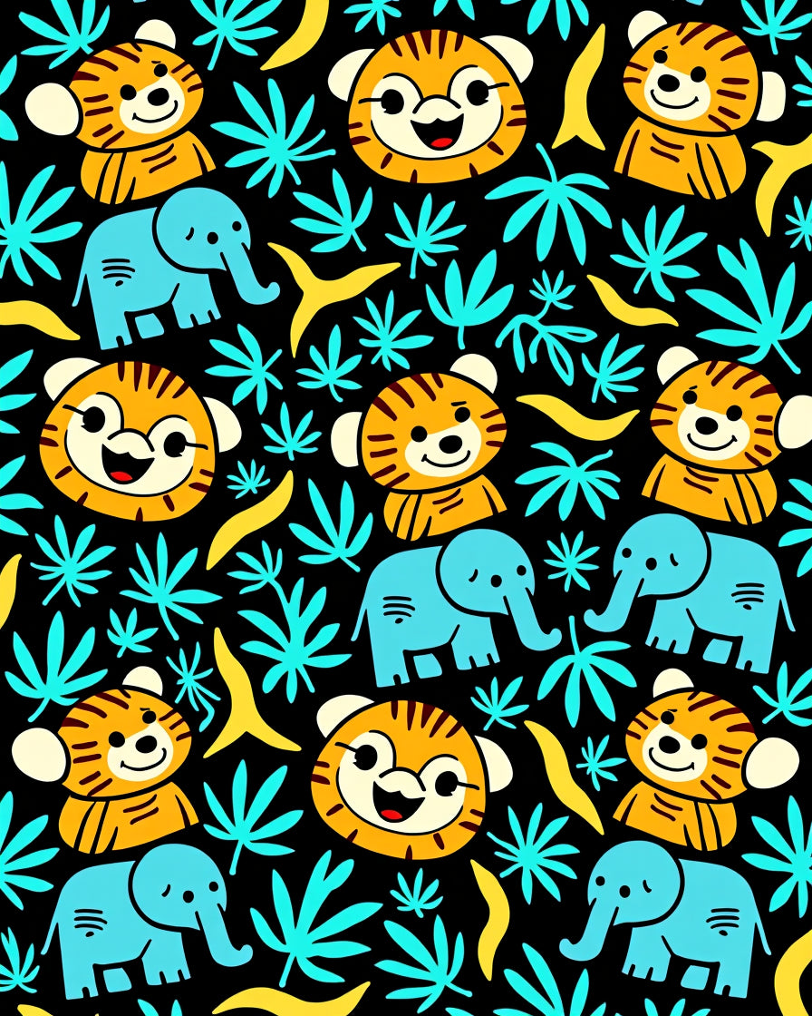 Cute Cartoon Tigers Elephants Jungle Leaves Rug