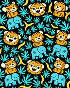 Cute Cartoon Tigers Elephants Jungle Leaves Rug