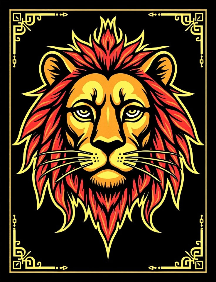 Fiery Lion Head Black Gold Frame Rug