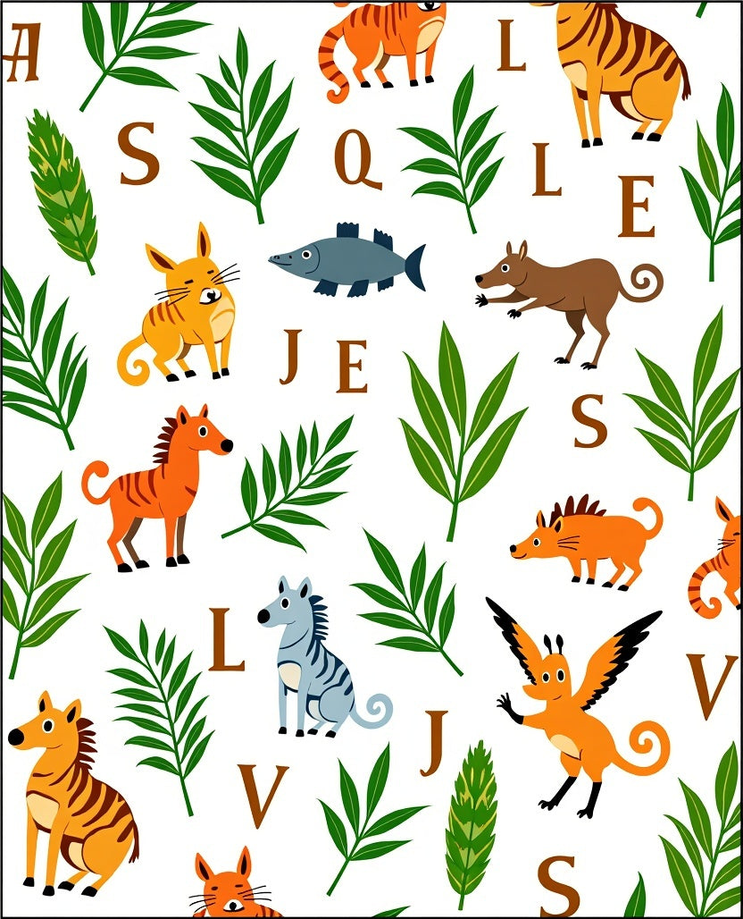 Whimsical Jungle Animals Alphabet Collage Rug