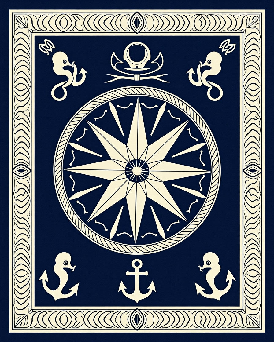 Navy Blue Nautical Compass Anchor Rug