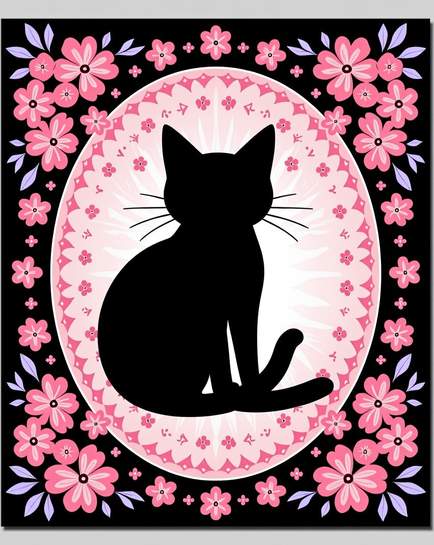 Black Cat Pink Floral Oval Rug