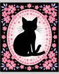 Black Cat Pink Floral Oval Rug