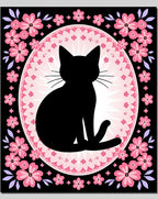 Black Cat Pink Floral Oval Rug