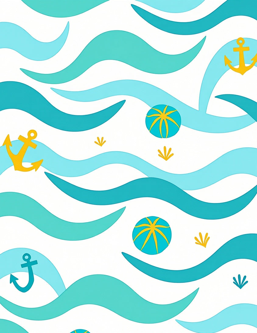 Ocean Waves with Golden Anchors Rug