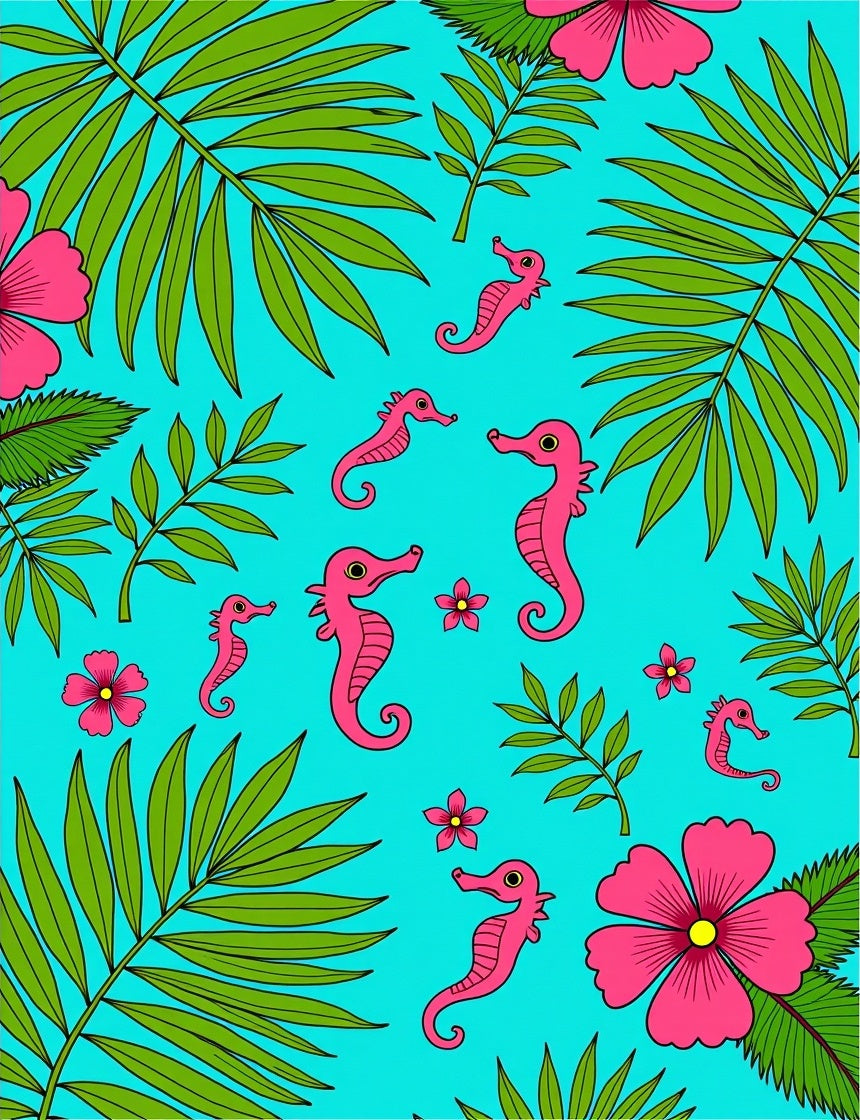 Tropical Pink Seahorse Leaf Shower Rug