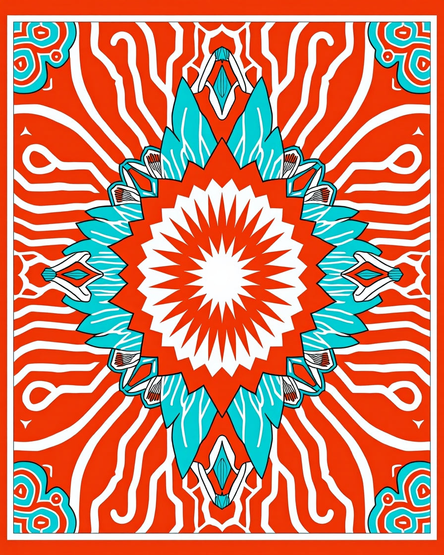 Vibrant Sunburst Medallion Coral Blue Rug