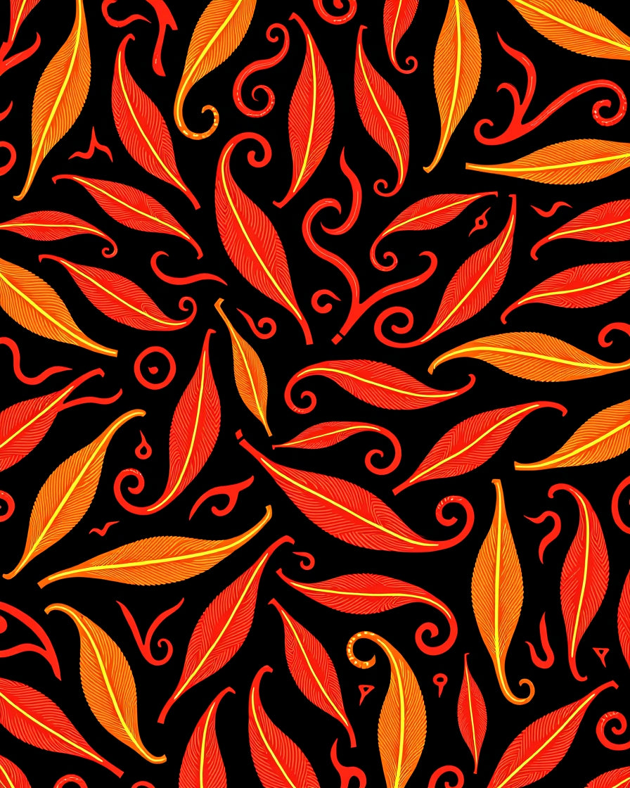 Fiery Red Orange Feathered Swirls Rug