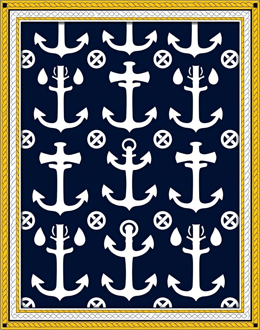 Nautical White Anchor Navy Repetition Rug