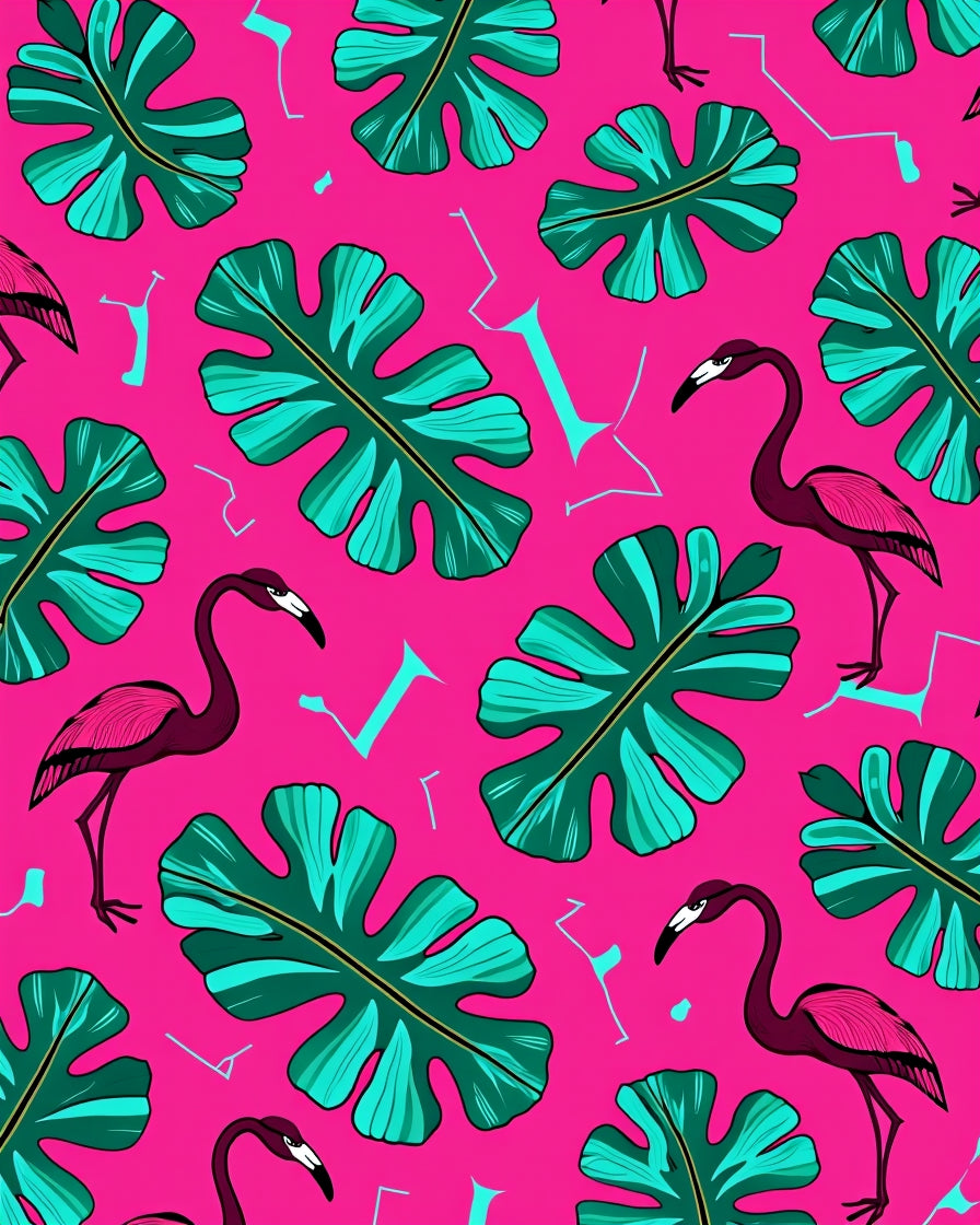Vibrant Pink Flamingo Monstera Leaves Rug