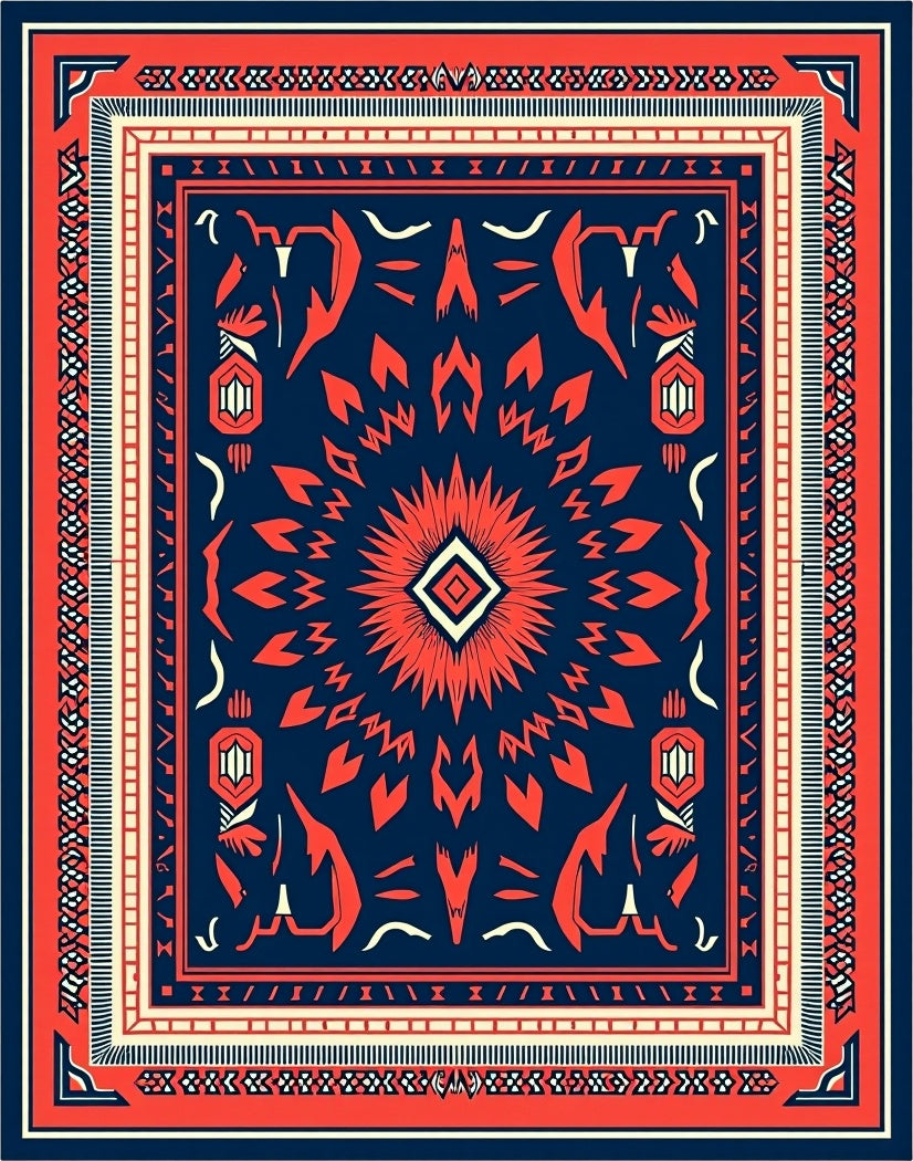 Bold Crimson Medallion Navy Border Rug