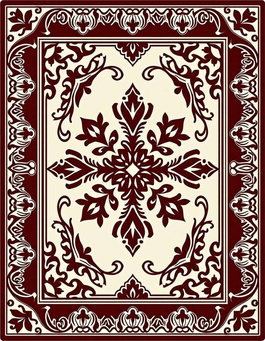 Rich Crimson Scrollwork Centered Artwork Rug