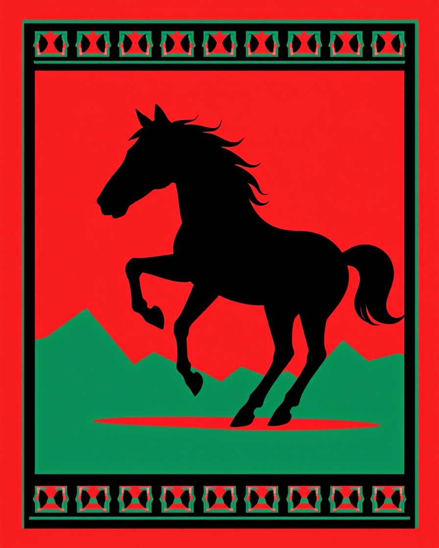 Bold Black Horse Red Green Landscape Rug