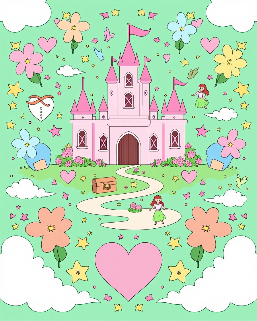 Pink Castle Fairy Tale Heart Flowers Rug