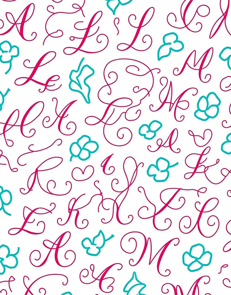 Cursive Alphabet Floral Whimsical Pink Teal Rug