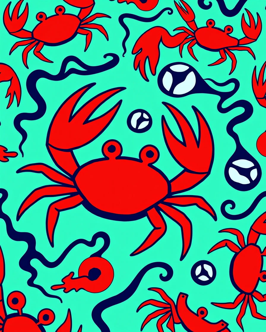 Red Crab Aqua Swirly Sea Art Rug