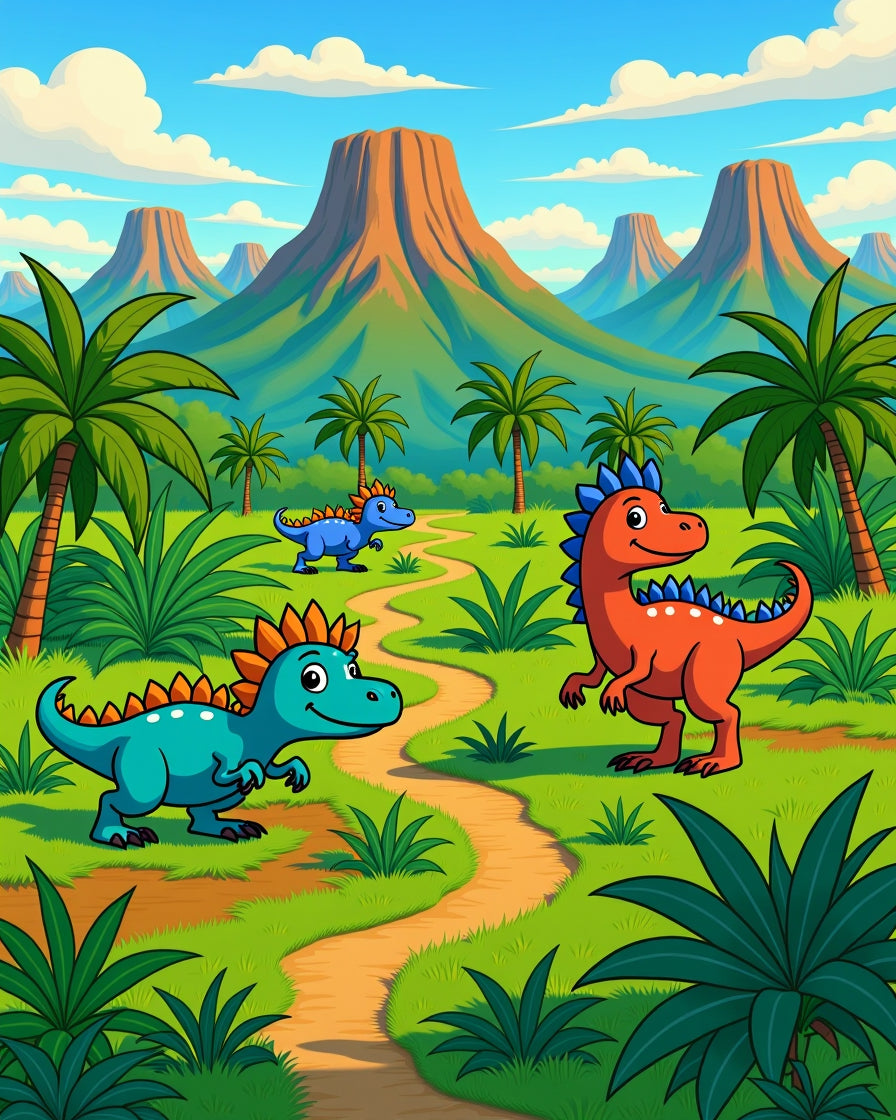 Cartoon Dinosaur Jungle Adventure Path Rug