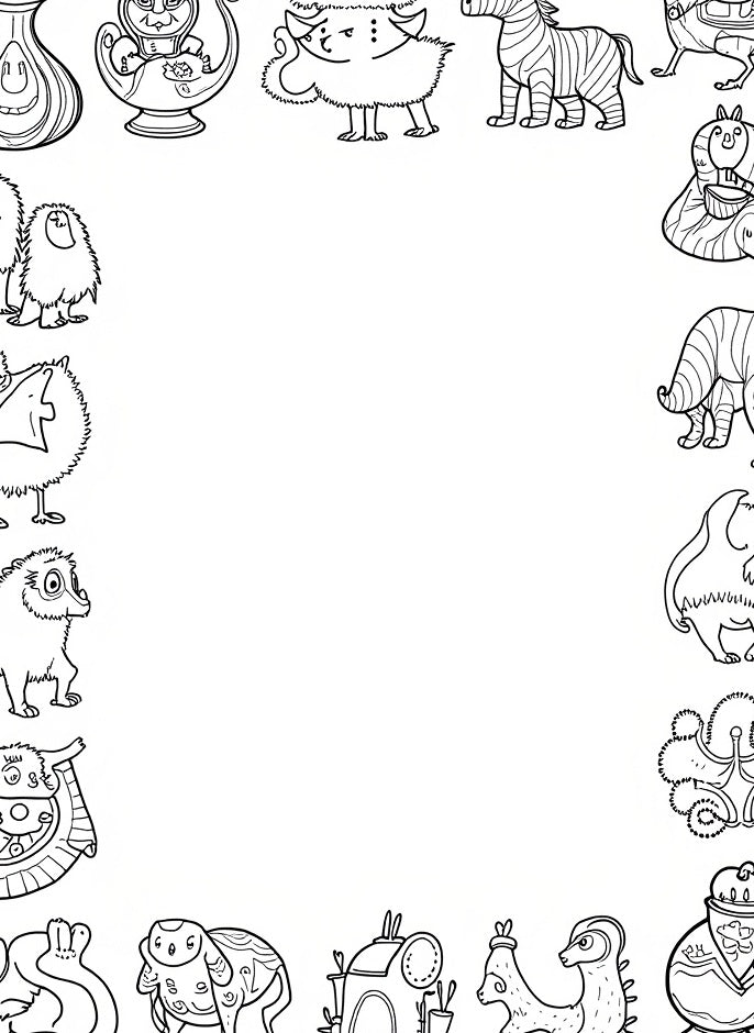 Whimsical Creature Border Monochrome Illustration Rug