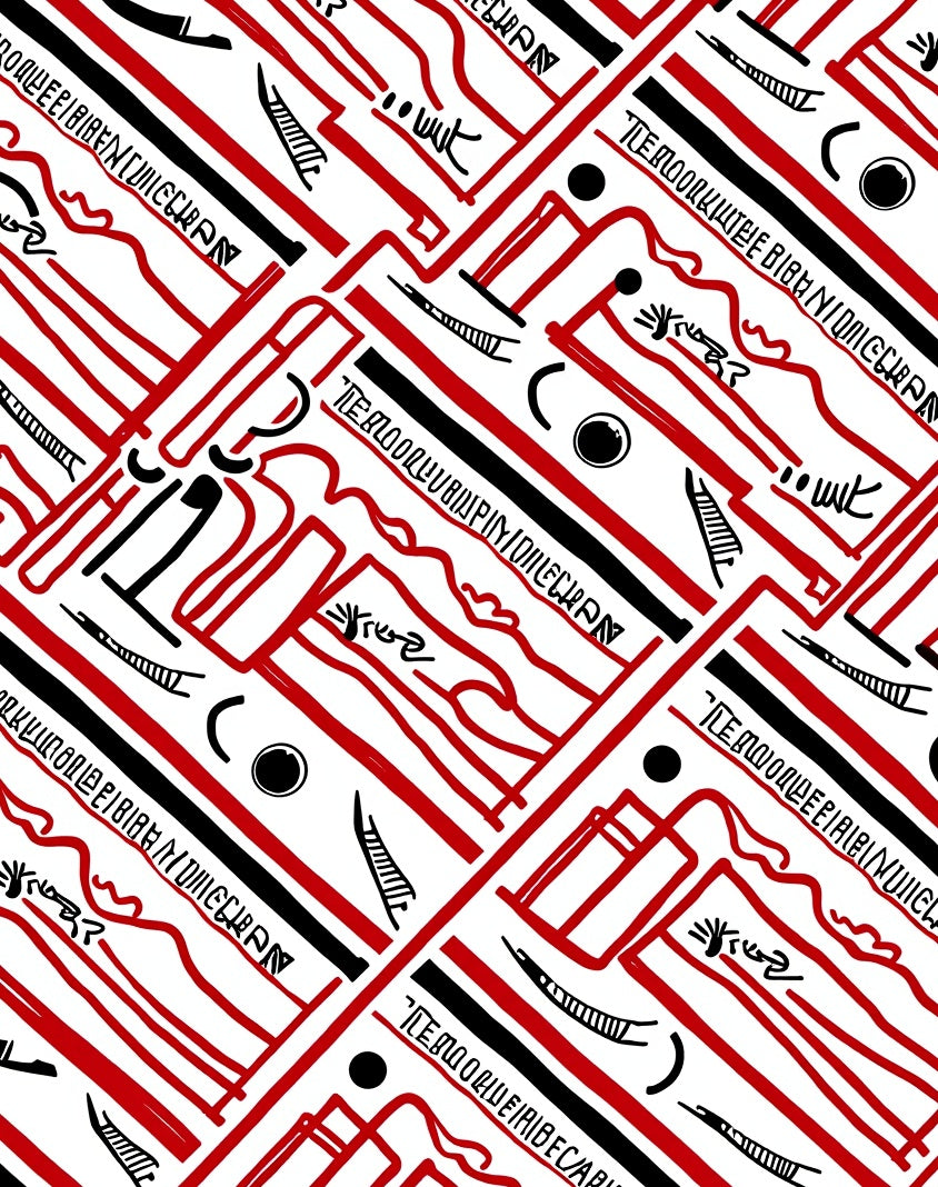 Red Black Abstract Linear Geometric Rug