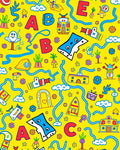 Playful Alphabet Yellow Cartoon Scene Rug
